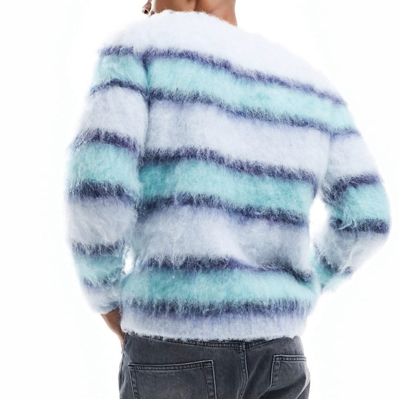 ASOS Striped Sweater Wool Oversized Extreme Fluffy Blue Designer Men’s Ombre - Picture 4 of 9